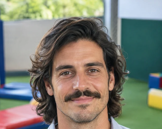 Retrato de Duarte Brandão, monitor responsável pelas atividades, de camisa azul clara